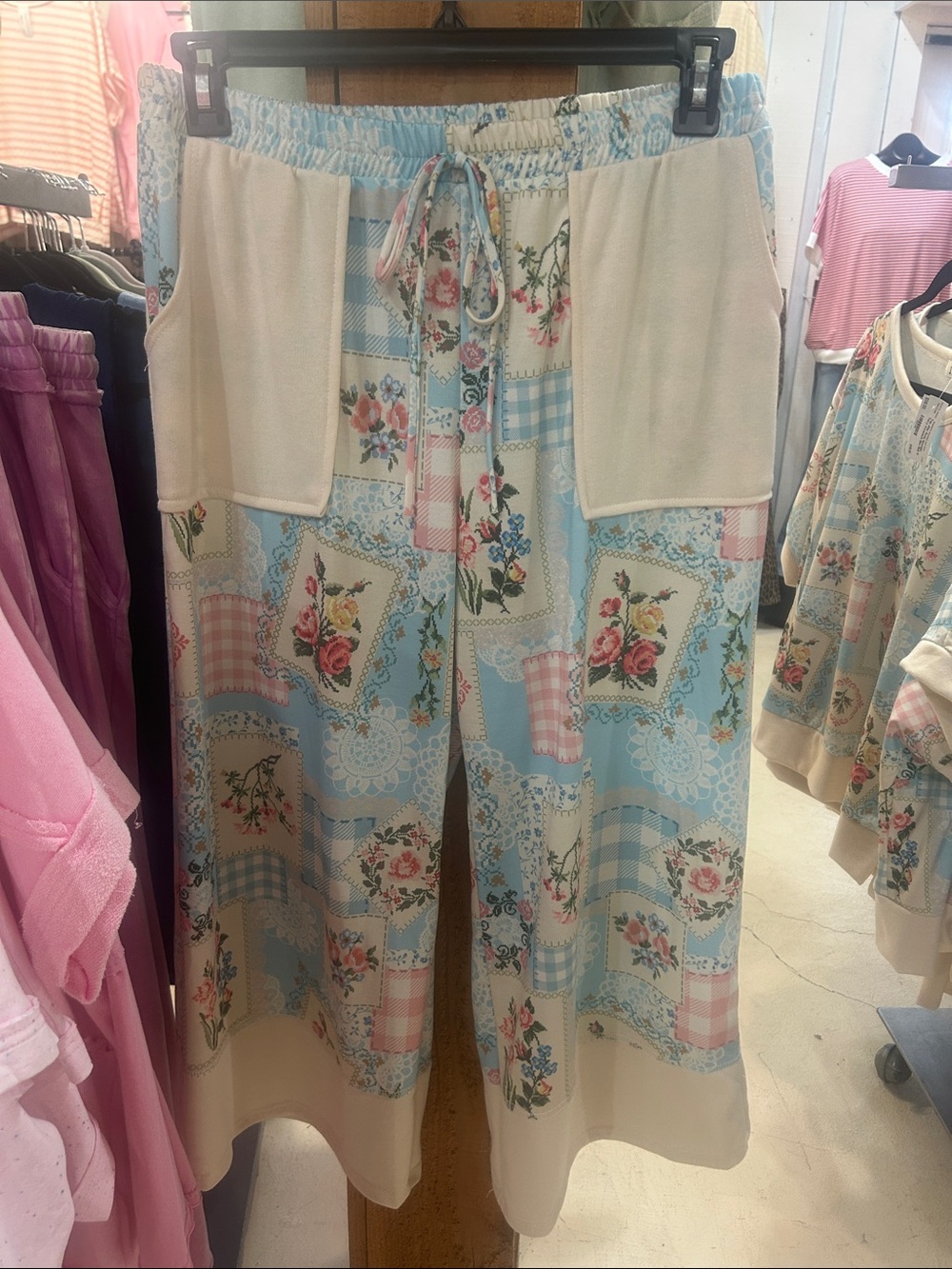 Floral Patchwork Faux Drawstring Lounge Pants in Pastel Blue & Cream